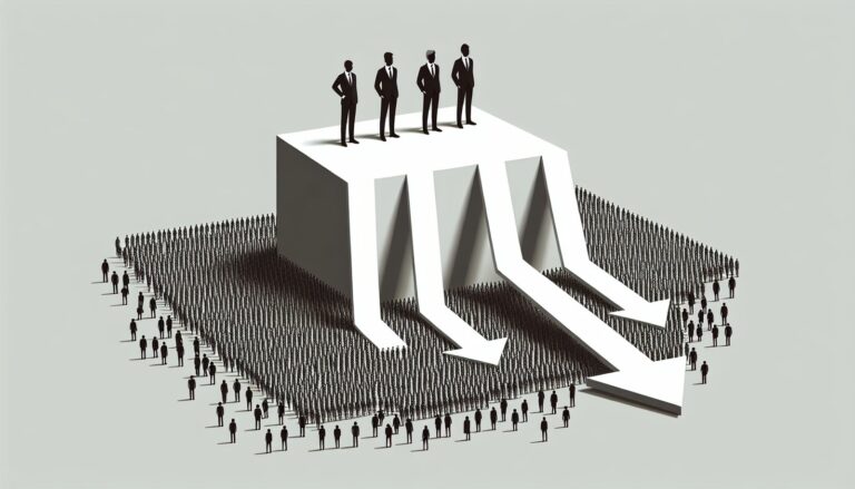 Minimalist illustration of a small group elevated on a platform above a crowd; beside them two downward arrows show wages falling faster than prices.