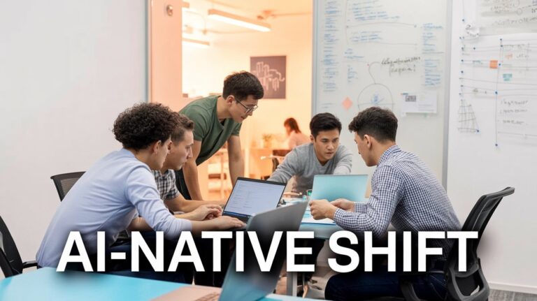 Young developers collaborating in an open office; bold white caption at bottom reading 'AI-NATIVE SHIFT'.