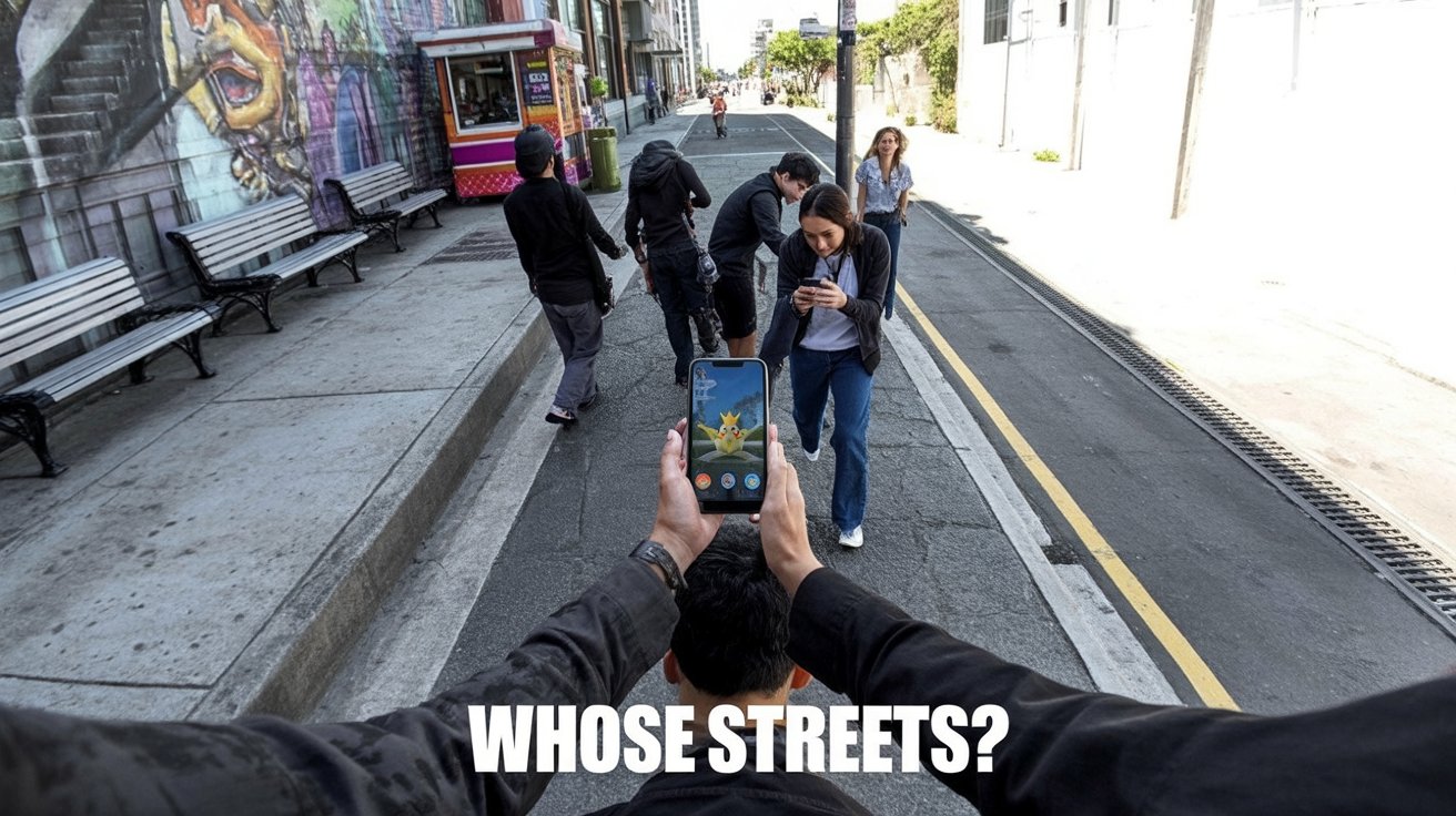 People on a city sidewalk scanning Pok&eacute;Stops with phones; editorial image with bold caption 'WHOSE STREETS?' at the bottom