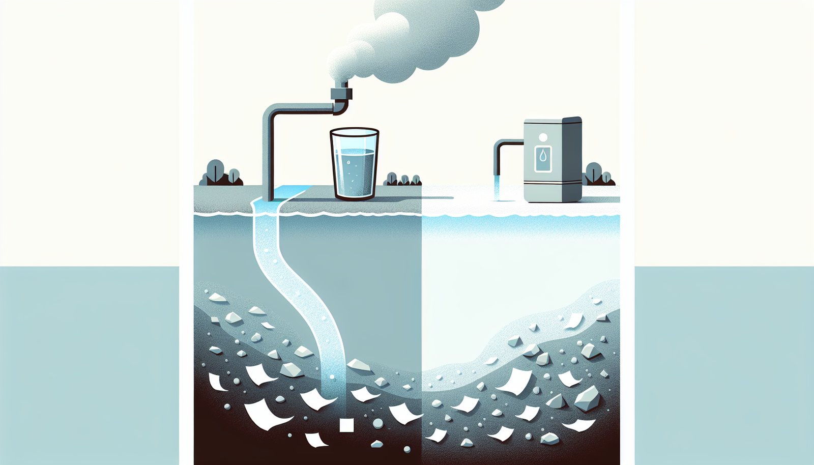 Minimalist illustration: polluted river of content feeding a small home filter that produces a single clean glass of water &mdash; local models filter but don't fix the upstream.