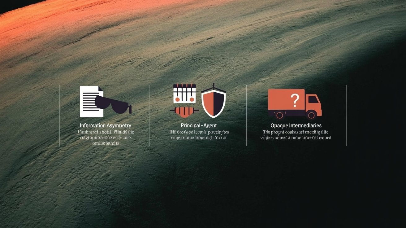 Three-panel infographic: Information asymmetry; Principal–agent; Opaque intermediaries — the three predictable failure points for export controls.