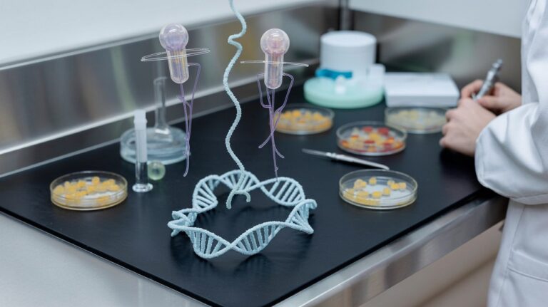 Bacteriophages and DNA imagery in a lab setting representing AI-generated phages tested against E. coli