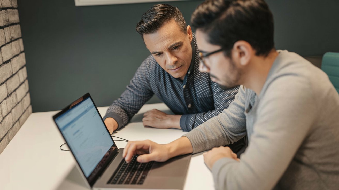 Manager leaning over a developer's shoulder, both focused on a laptop chat interface &mdash; conveying trust and scrutiny.