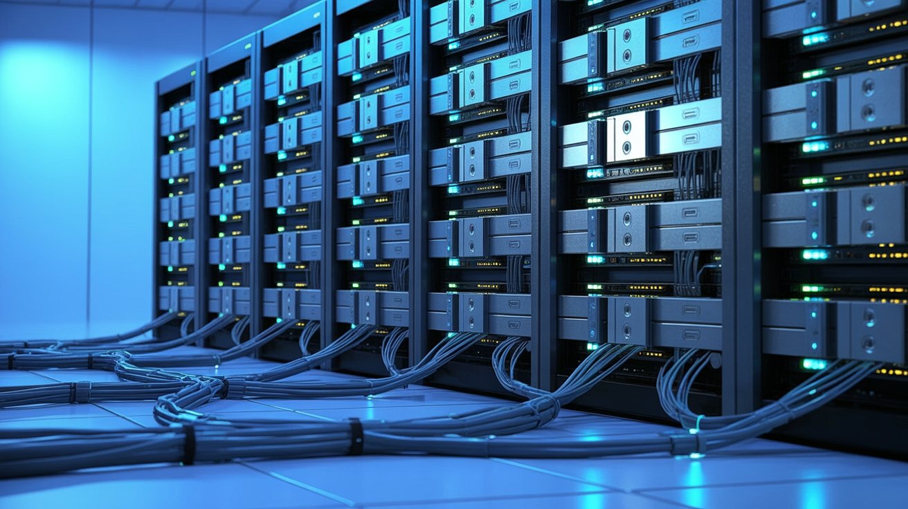 Close-up of GPU server racks in a data center