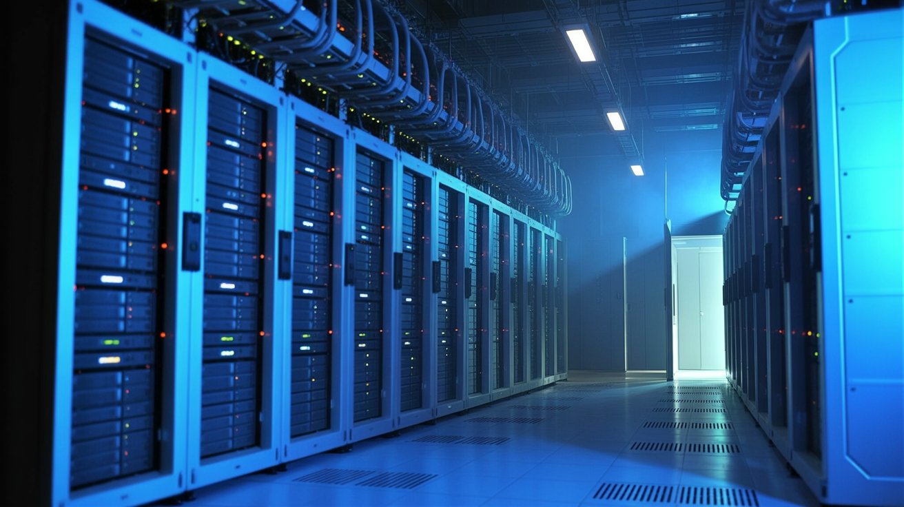 A vast supercomputing data center with rows of illuminated server racks, suggesting concentrated compute and security risk.
