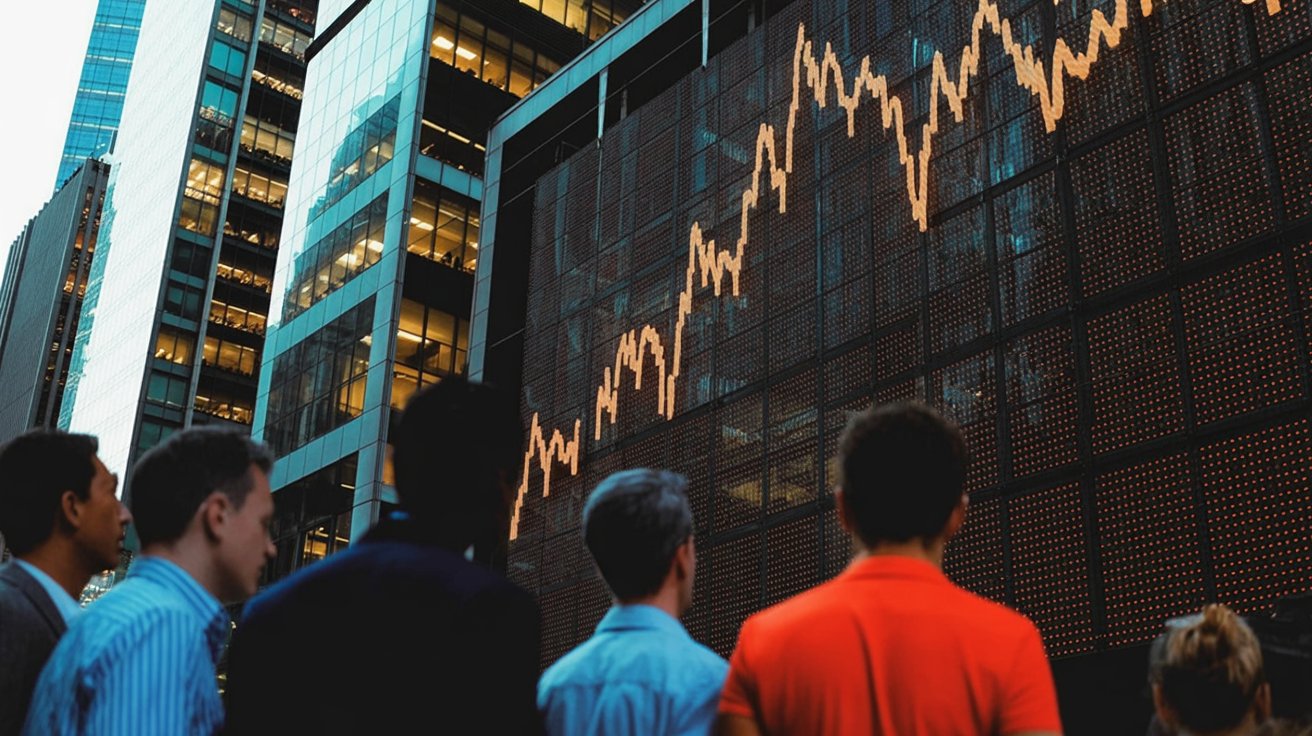 Crowd in a financial district facing stock market screens and office towers, suggesting public wealth tied to market gains.