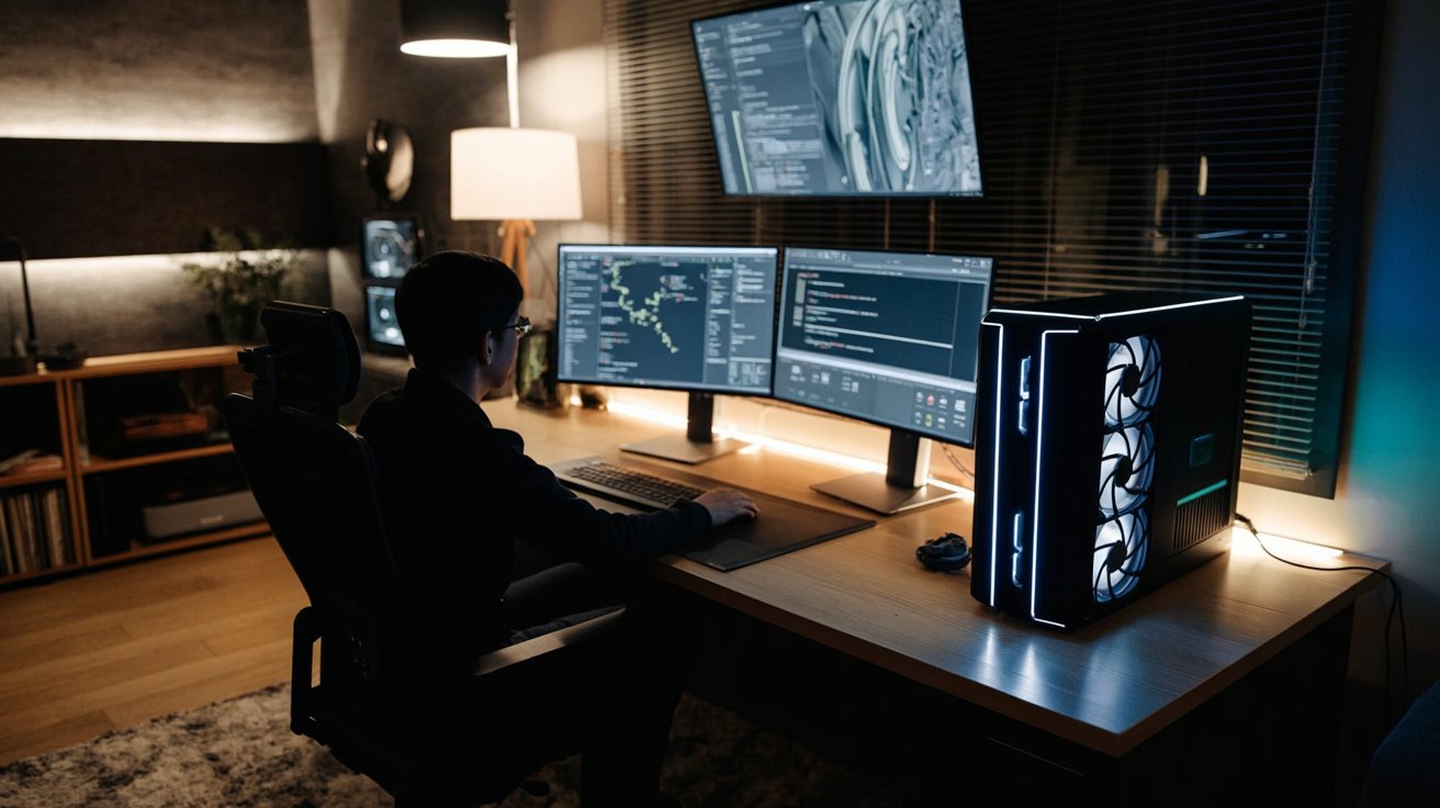 A home AI workstation with a GPU tower and multiple monitors for local model testing.
