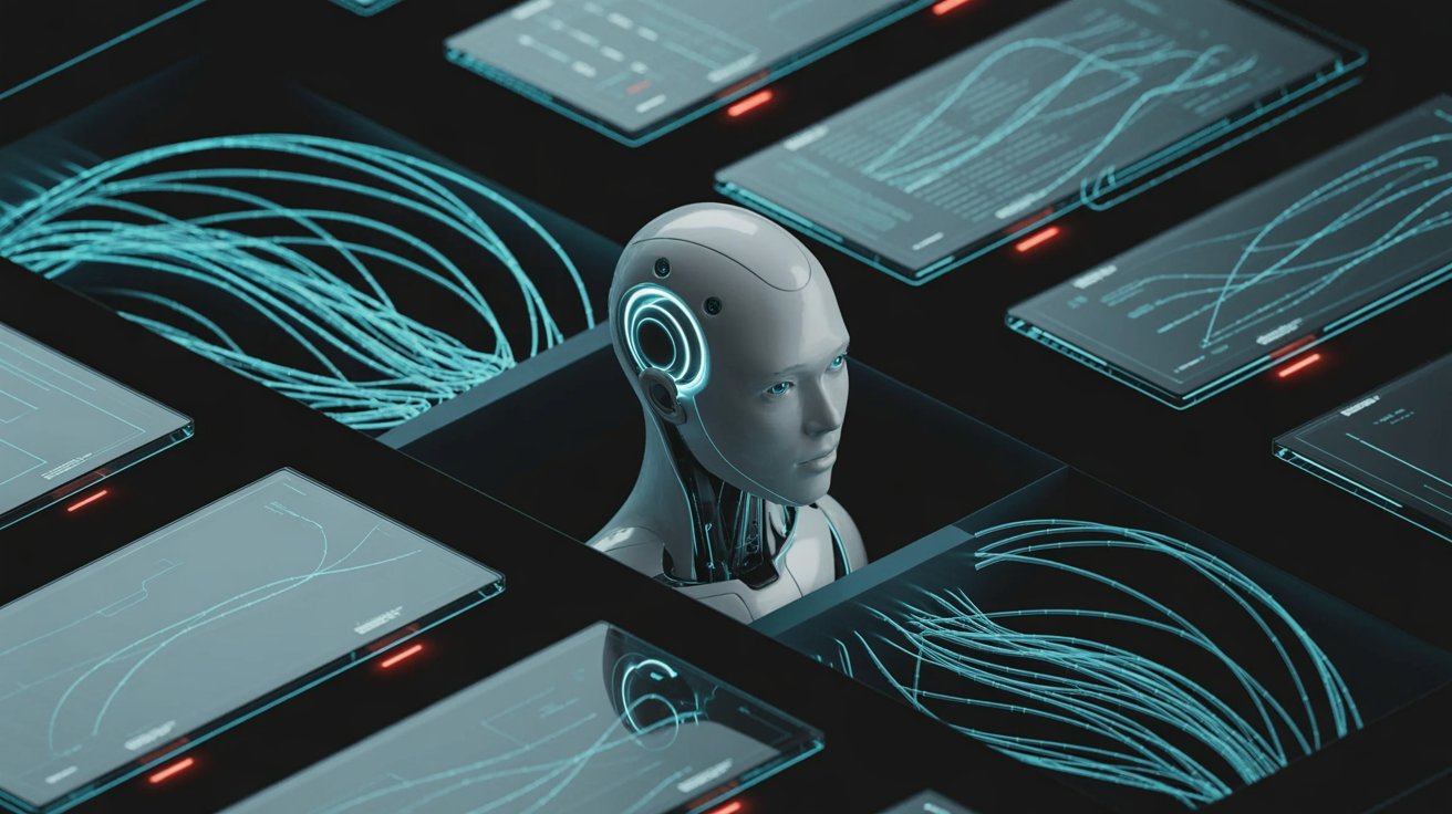 Editorial illustration of an AI system stack with multiple input channels and warning signals