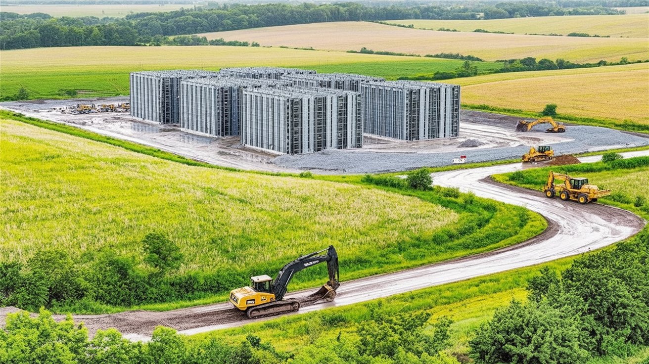 A data center under construction next to farmland in rural Michigan
