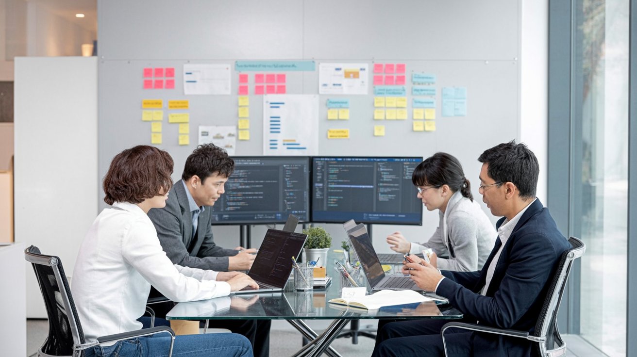 Software team in a meeting room discussing product work