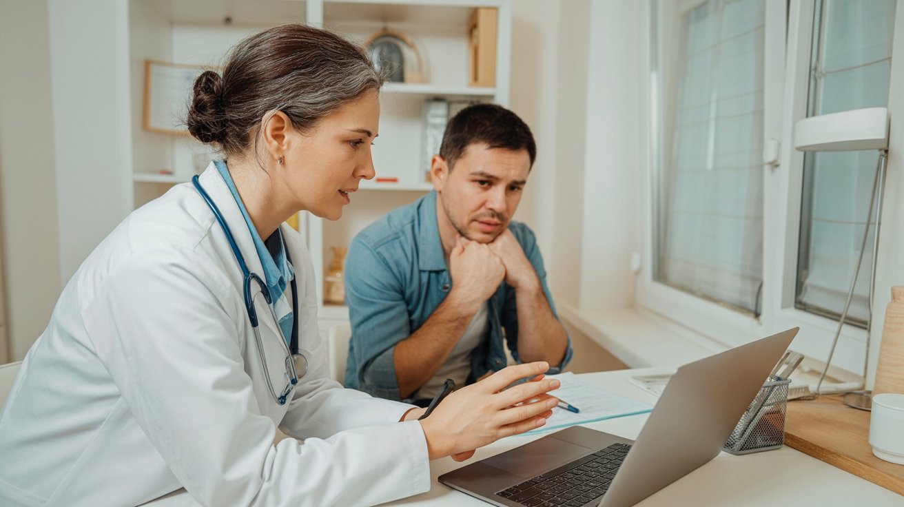 Doctor and patient with a laptop in a clinic, representing AI note-taking in healthcare