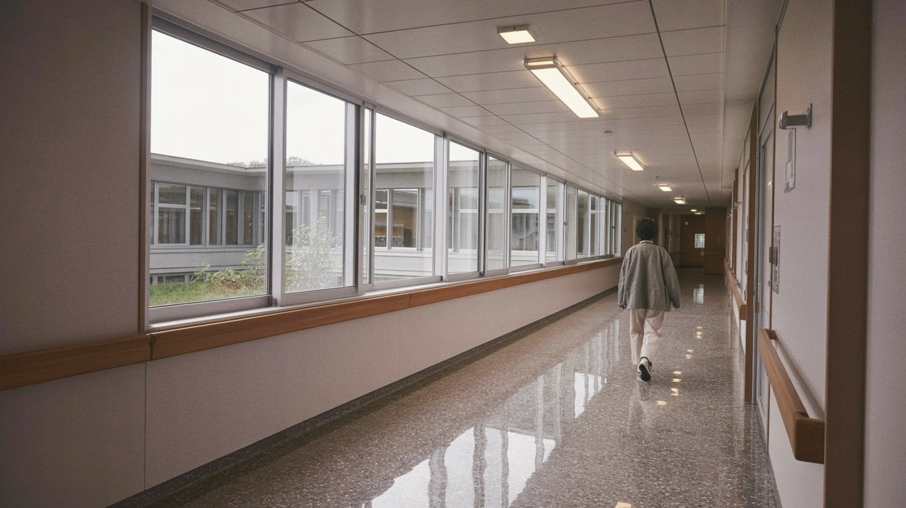 Modern psychiatric hospital corridor with a calm clinical atmosphere