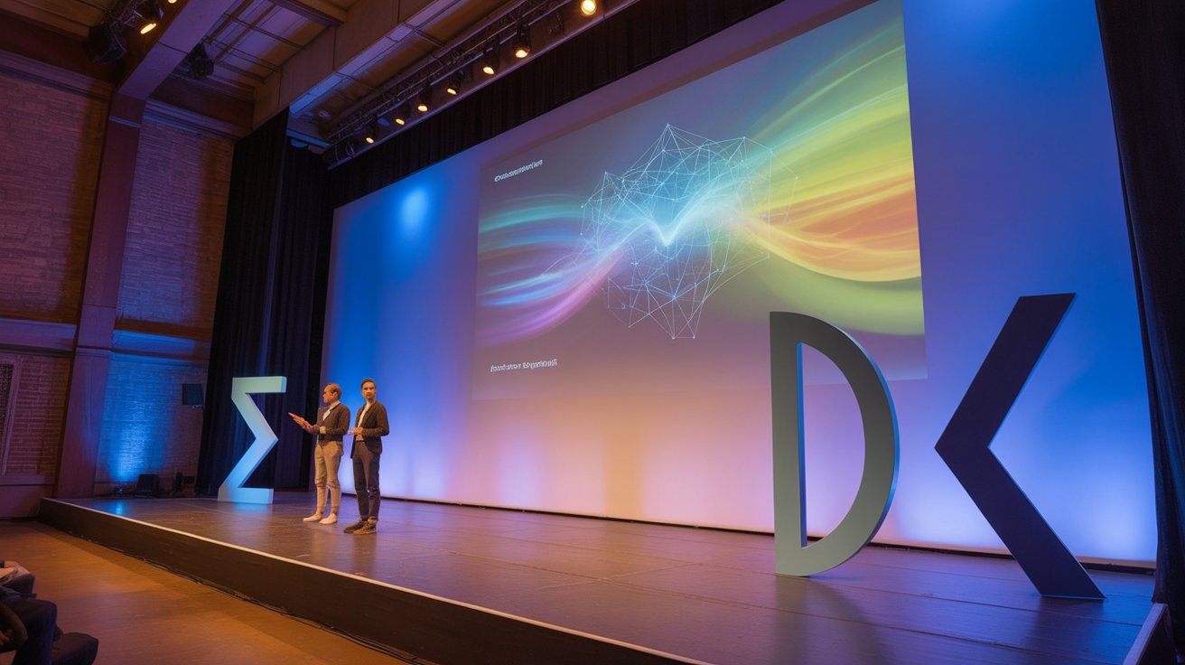 A modern conference stage lit with large screens and audience silhouettes, suggesting a company AI product launch.