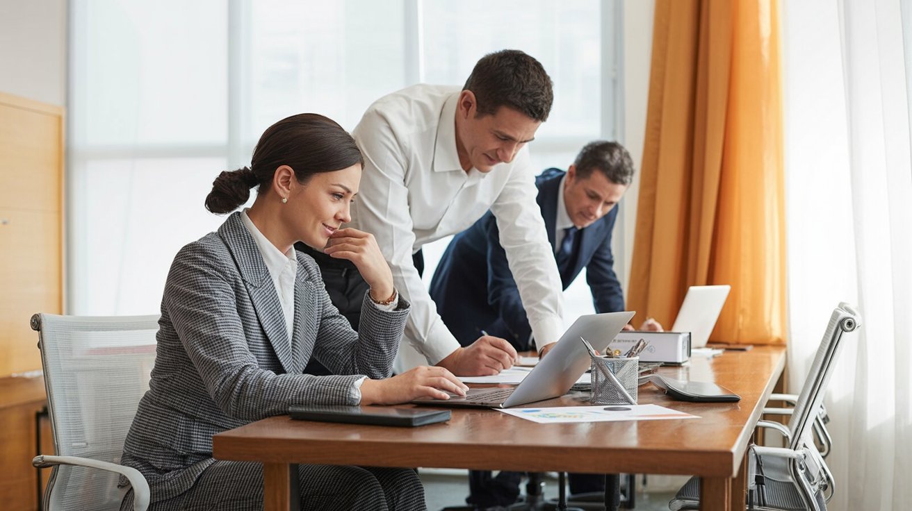 Office workers using laptops in a modern workplace