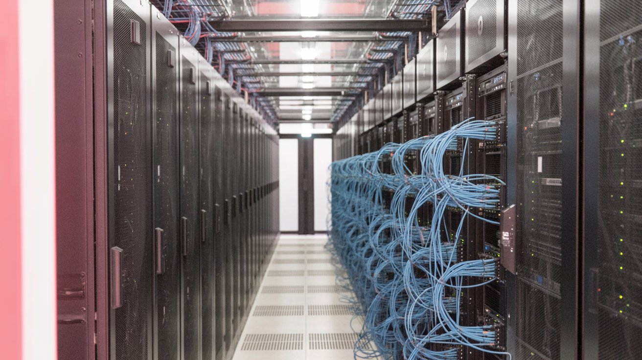 Server racks in a data center representing the infrastructure behind AI web scraping