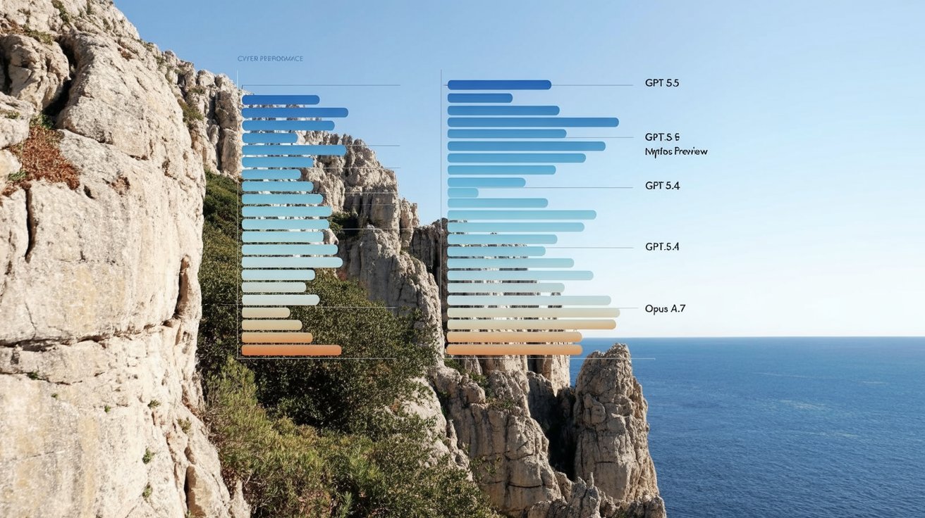 Editorial benchmark visual comparing frontier model cyber task performance and completion time.