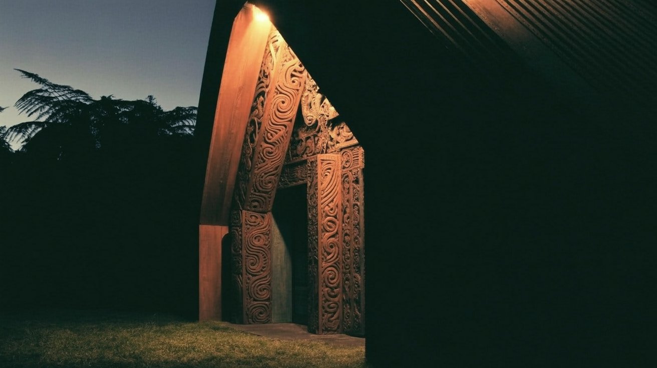 māori cannibalism: A Māori meeting house at dusk for an article about colonial-era comparisons of cannibalism and historical framing