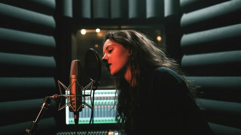 ai impersonation laws: Musician recording vocals in a professional recording studio.