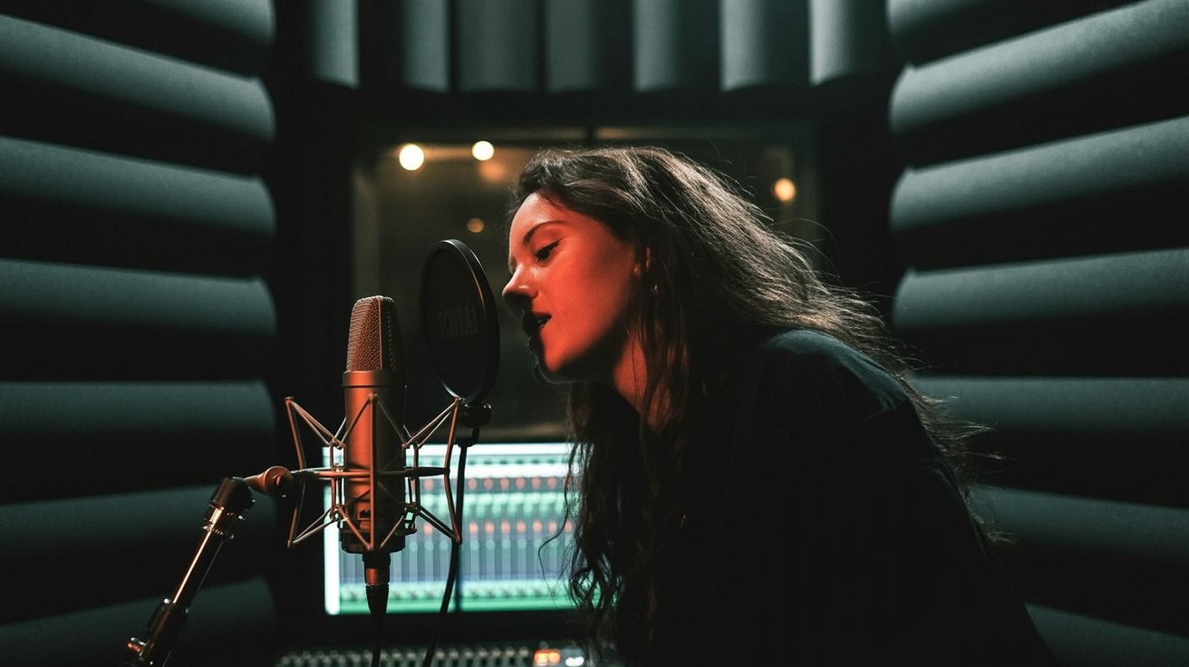 ai impersonation laws: Musician recording vocals in a professional recording studio.