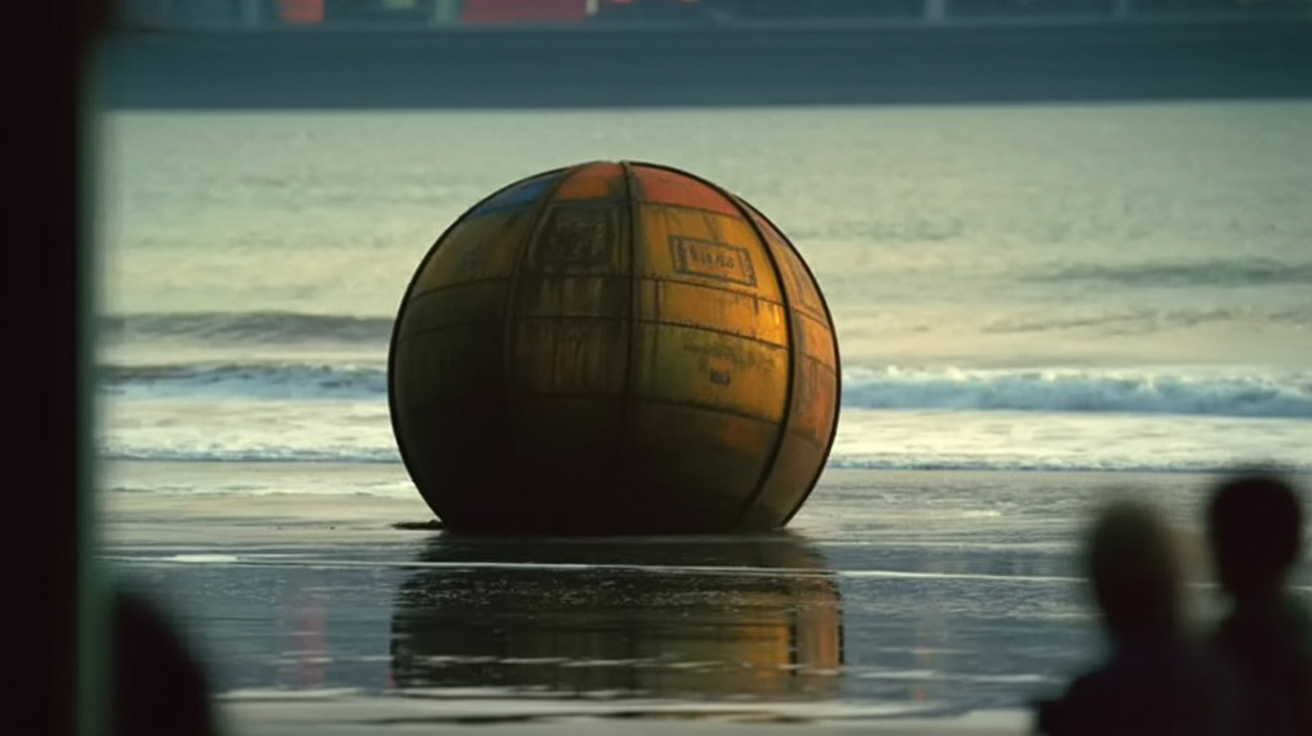 metal balls washing up on beaches: A large metal sphere washed up on a beach