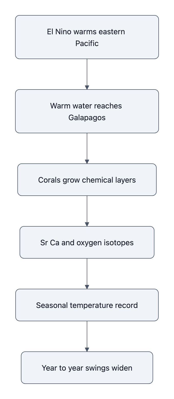 Diagram showing how eastern Pacific El Ni&ntilde;o warming is recorded in Gal&aacute;pagos coral chemistry