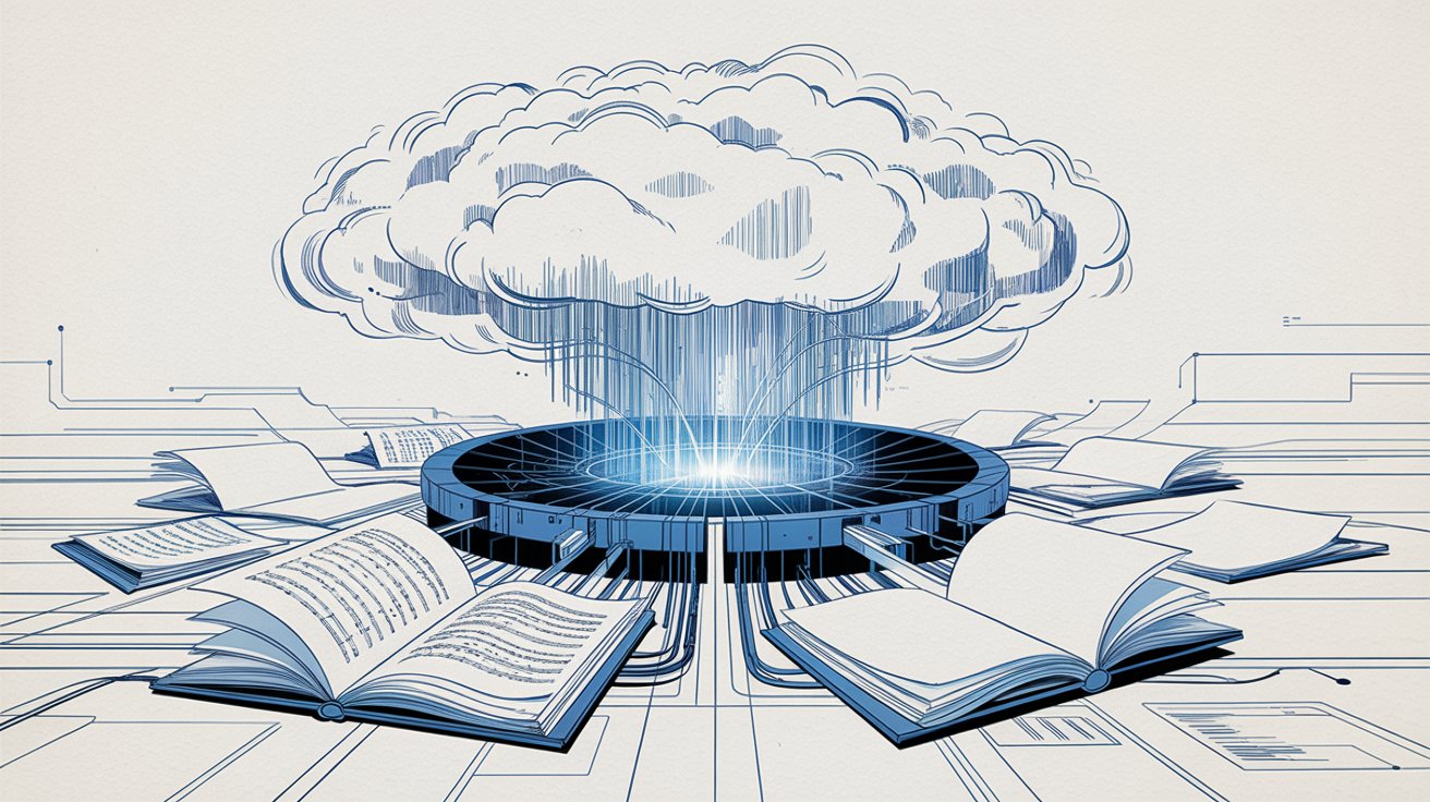 Conceptual illustration of song lyrics and sheet music entering an AI training pipeline and emerging as generated text.