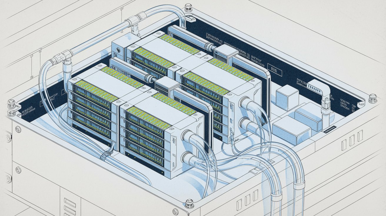Cutaway illustration of the memory, storage, networking, power, and cooling components in an AI server rack