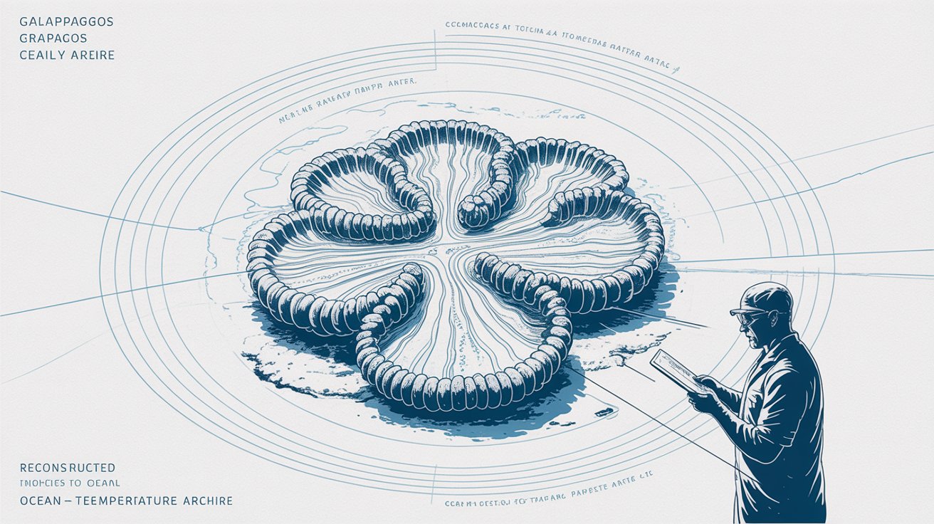 Illustration showing coral skeleton growth layers and chemical proxies used to reconstruct ocean temperature