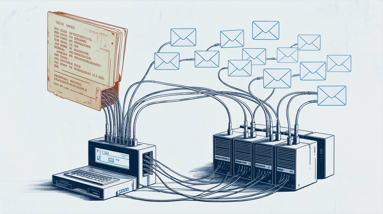 A copied no-reply email setting propagates from an old tutorial through servers and applications into modern production systems