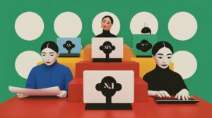 Chinese professionals working on laptops in a modern office