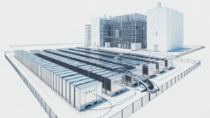 Rows of Tesla Megapack battery containers beside an AI data center campus