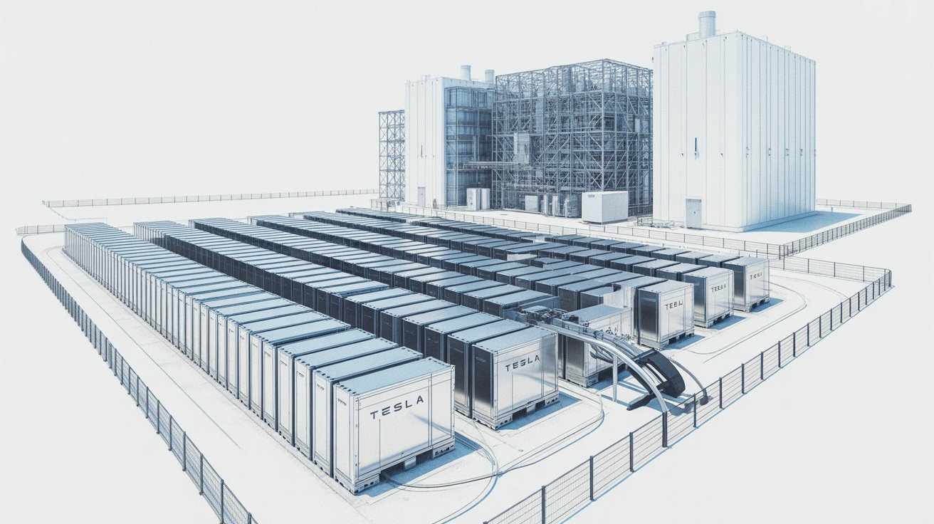 Rows of Tesla Megapack battery containers beside an AI data center campus
