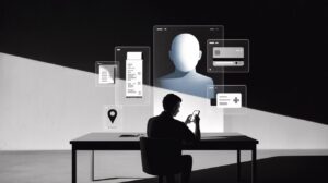 A person using a smartphone surrounded by visual symbols of commercial data collection and surveillance.