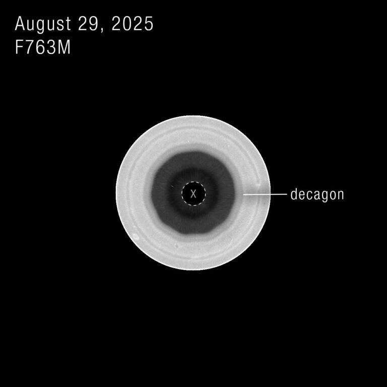 Hubble view of Saturn showing the newly reported decagonal wave around its south pole