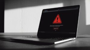 A laptop screen showing a fake security warning that fills the browser window.