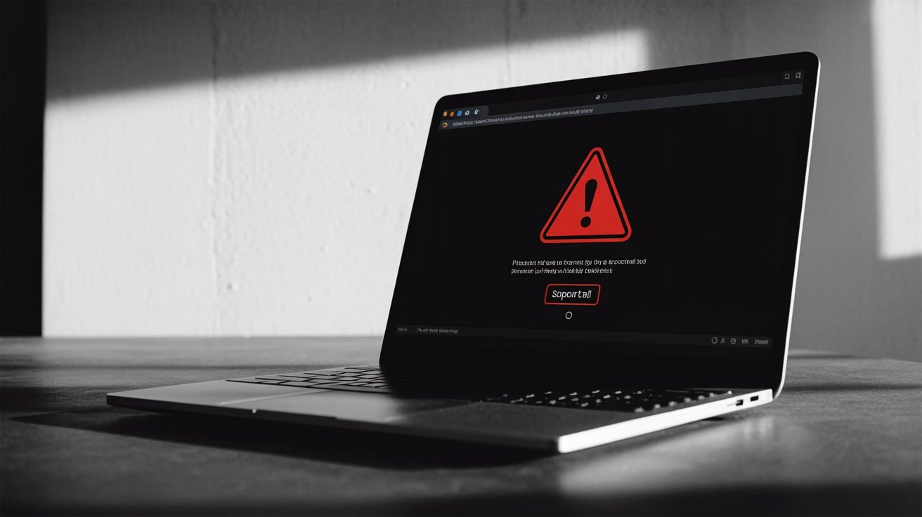 A laptop screen showing a fake security warning that fills the browser window.