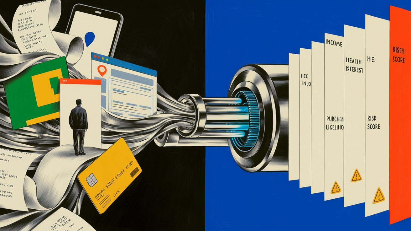 An editorial illustration showing everyday consumer data transformed into corporate predictions about income, health interests, purchases, and risk.