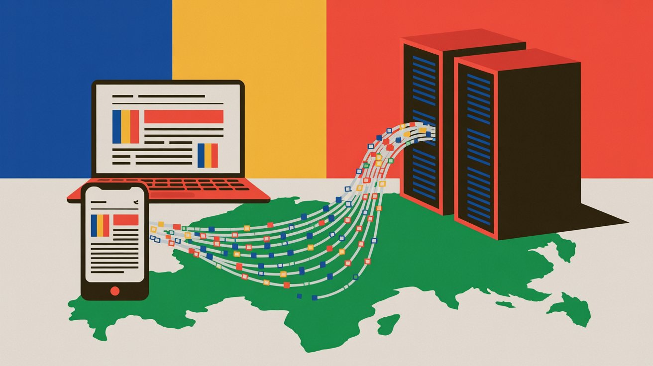 Illustration showing tracking data from Romanian websites routed toward Russian-linked servers in Novosibirsk.