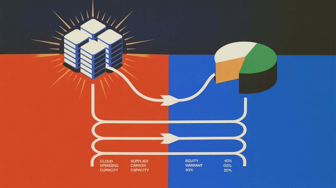 Illustration showing cloud spending funding a supplier's capacity build while unlocking an equity warrant for the customer.