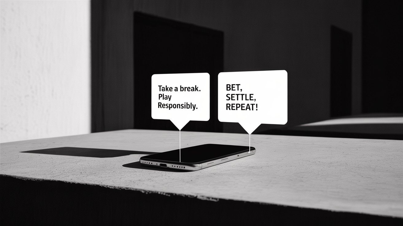 A phone shows a responsible-gaming reminder beside a live-betting promotion