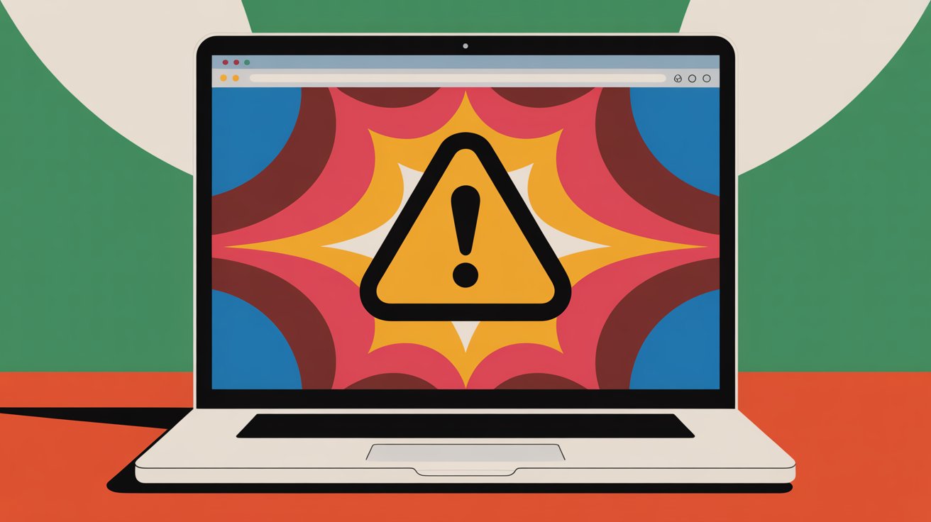 Illustration of a fake warning page covering a browser&rsquo;s controls and mimicking a computer lockout.