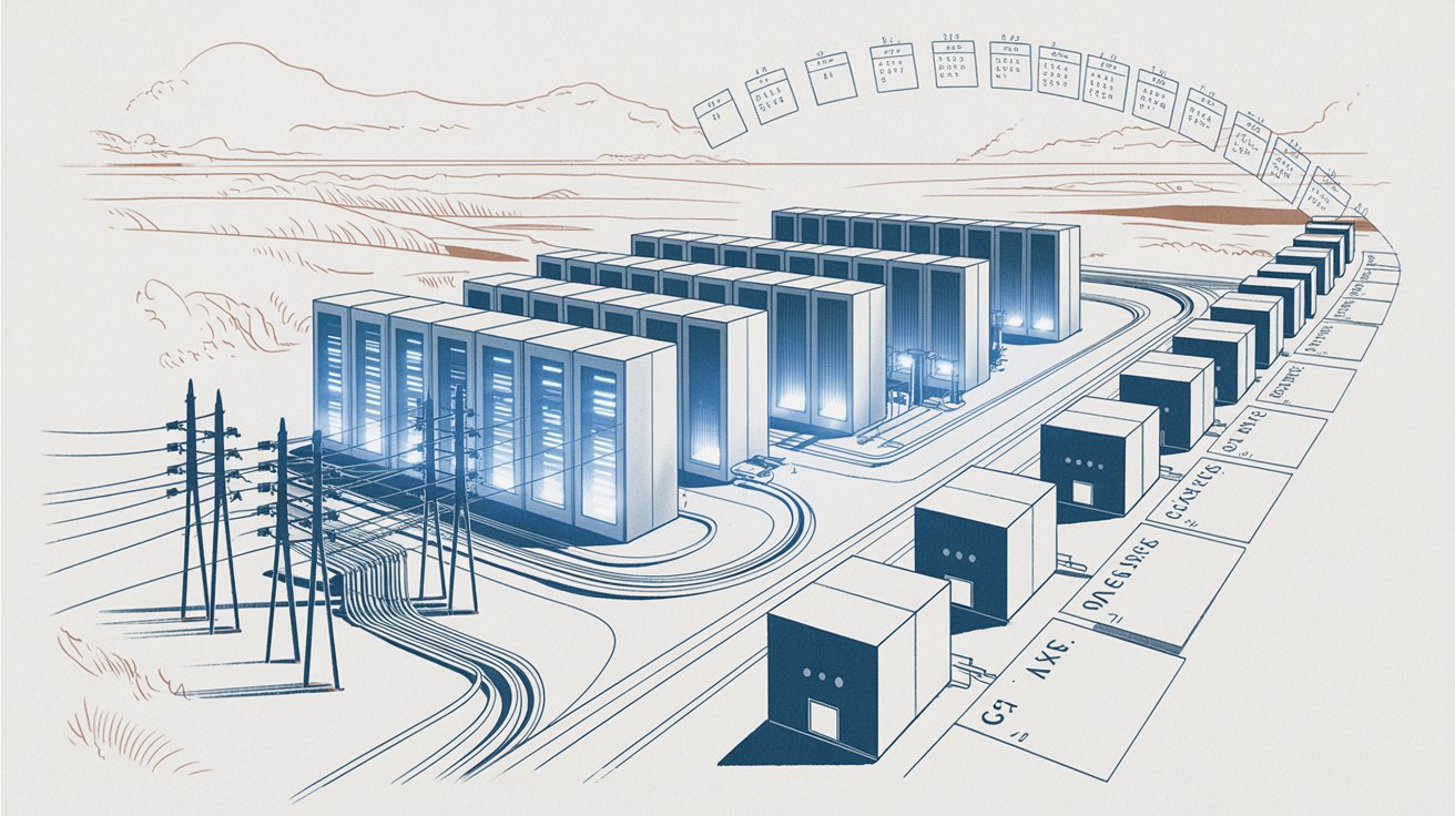 An illustration of a data center holding reserved grid capacity while a queue and long delay precede its release.