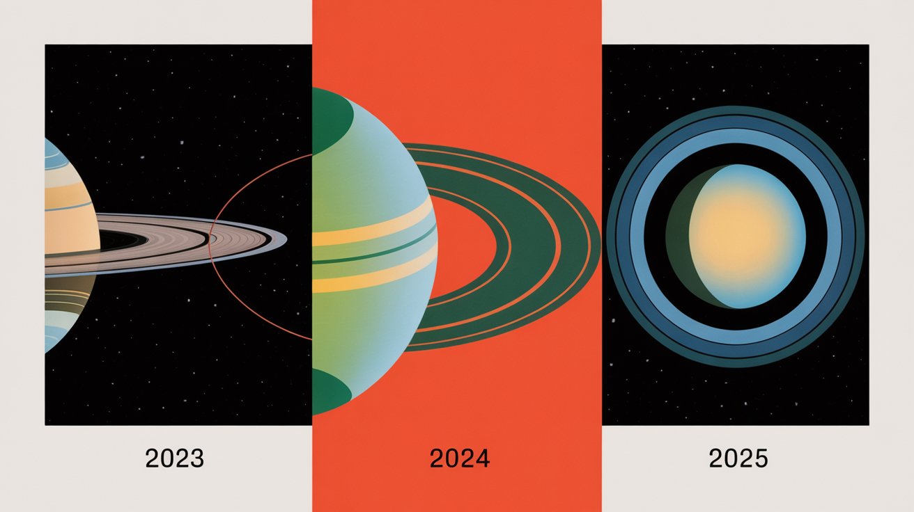 Illustration of Hubble observations showing Saturn&rsquo;s southern decagon strengthening from 2023 through 2025