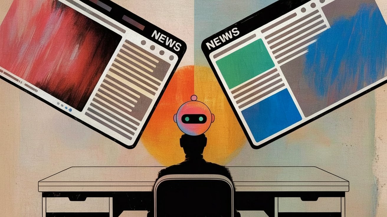 Competing red- and blue-coded local-looking news sites feed citations into a chatbot answer, while their ownership is hidden.