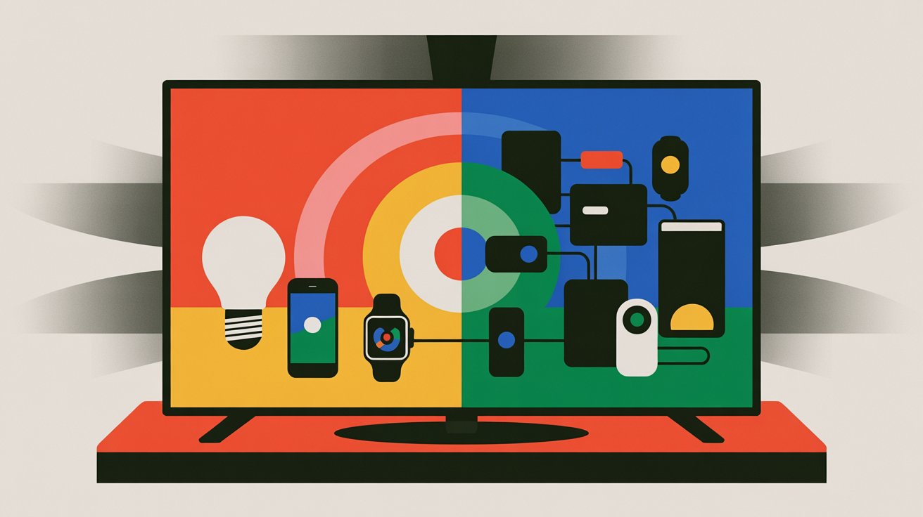 Editorial illustration showing a smart TV balancing device sharing with discovery of unrelated devices on a home network