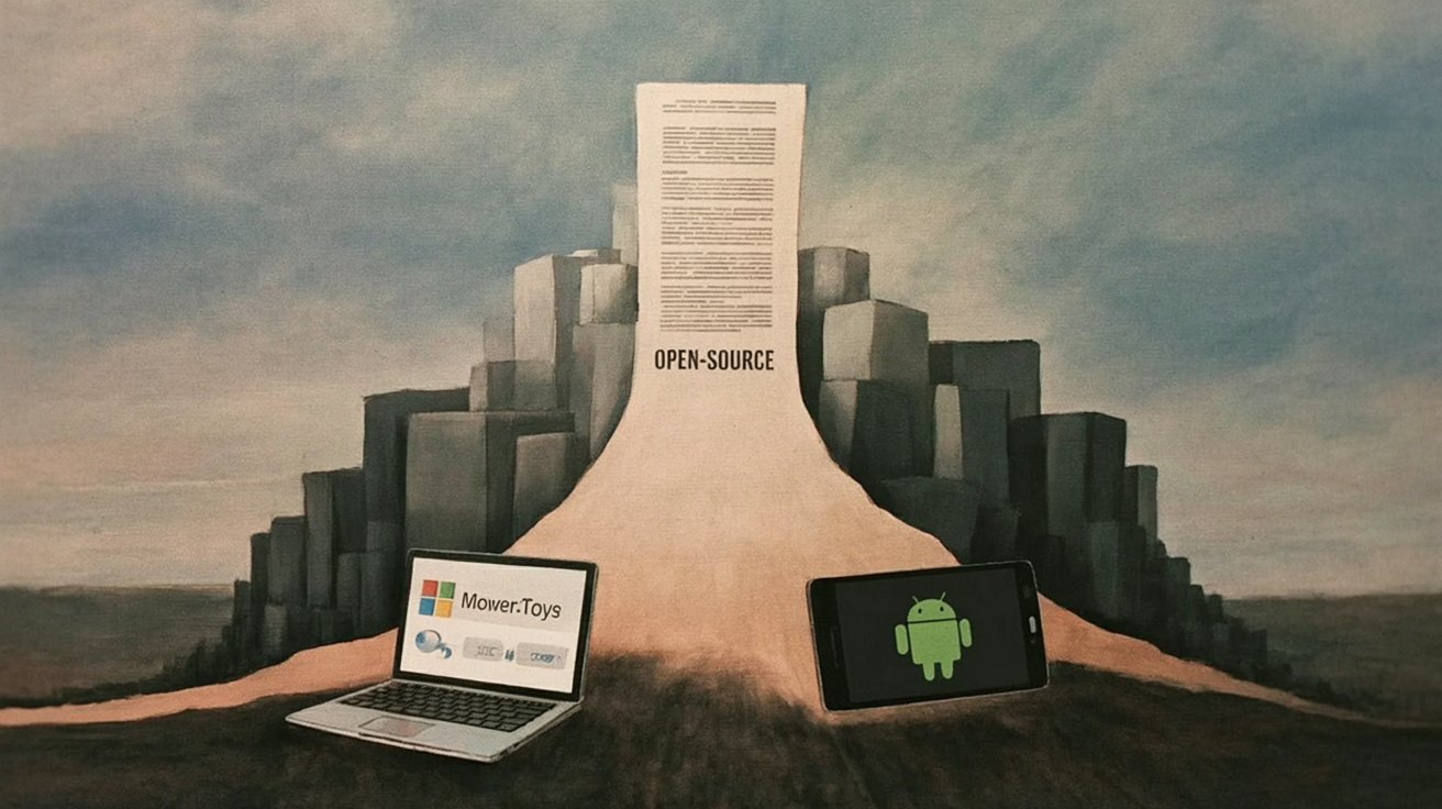 Editorial illustration showing an open-source licensing exemption branching from a legal document toward Microsoft and Google platform ecosystems.