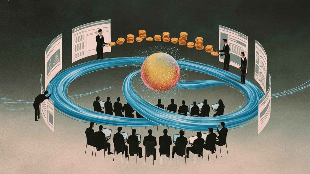 Illustration of reader attention and browsing data flowing through programmatic advertising while money returns to publishers.