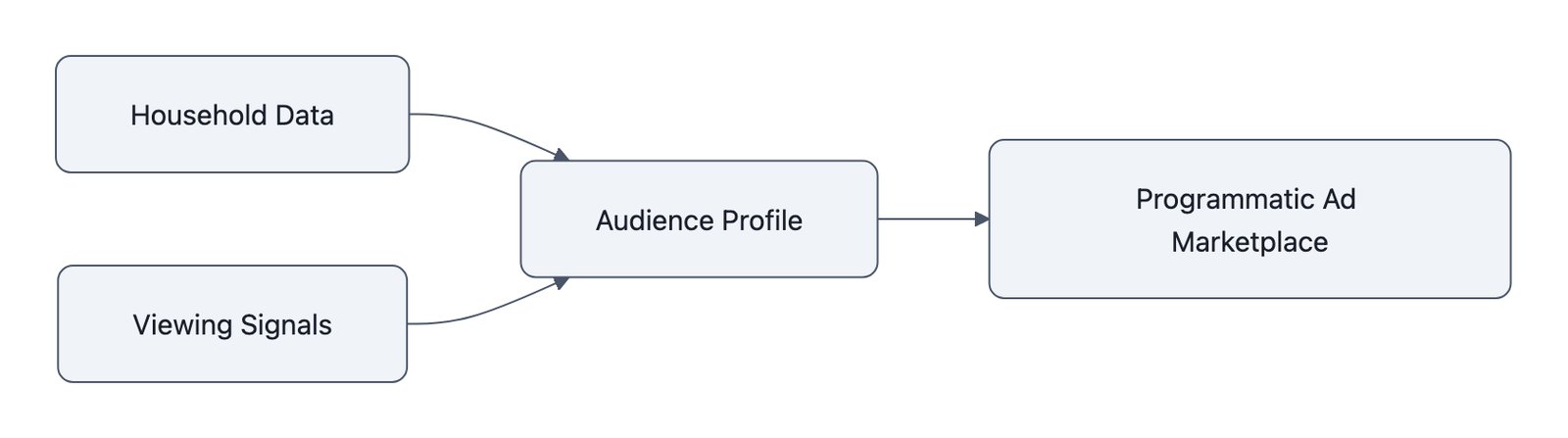 Diagram showing household data and viewing signals combined into an audience profile for a programmatic advertising marketplace.