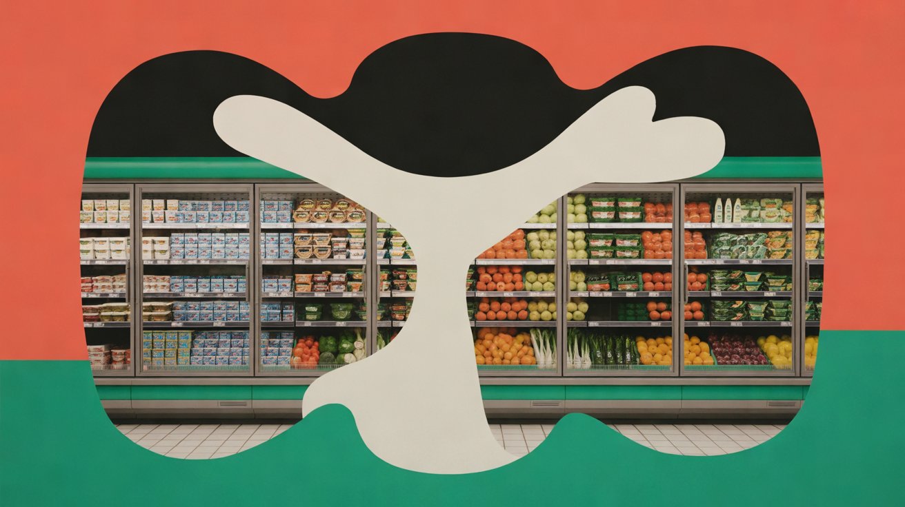 Refrigerated display cases in a French supermarket aisle