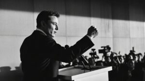 Elon Musk speaking at a podium